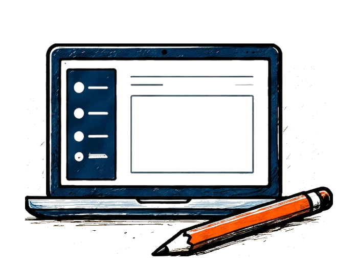 A laptop showing a Content Management System (CMS), with a pencil