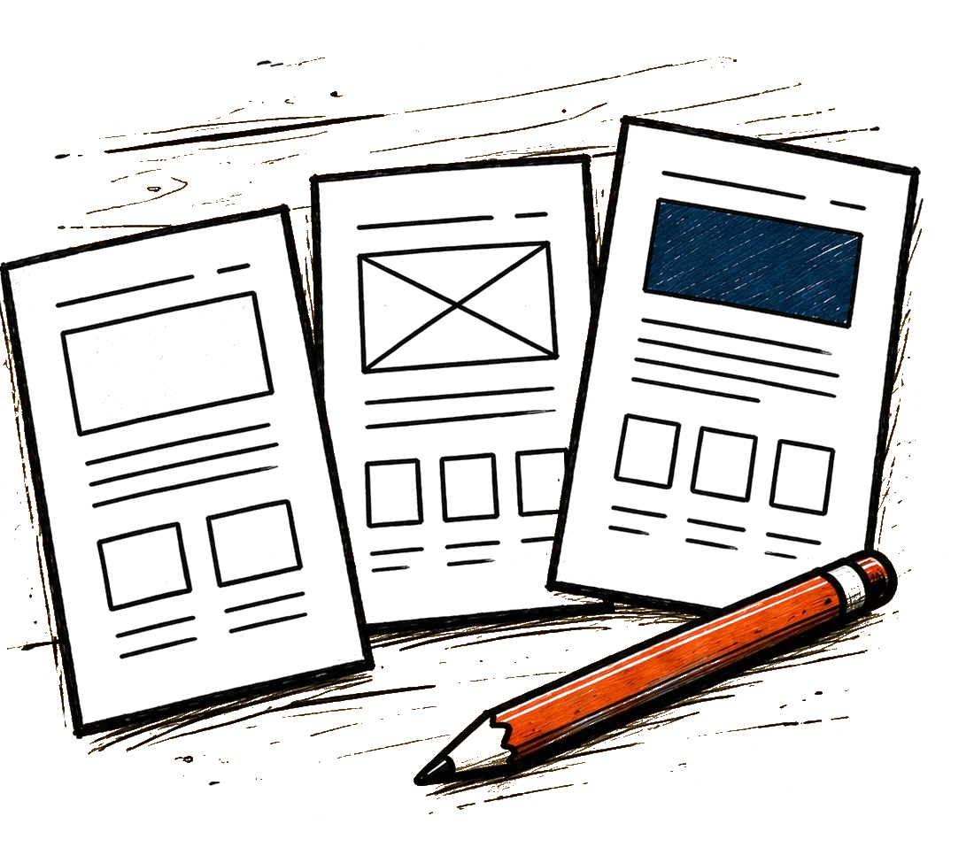 Three website page sketches fanned out, with an orange pencil