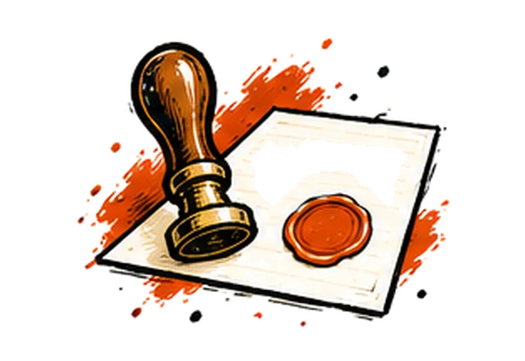 A wax seal stamp beside a sealed sheet