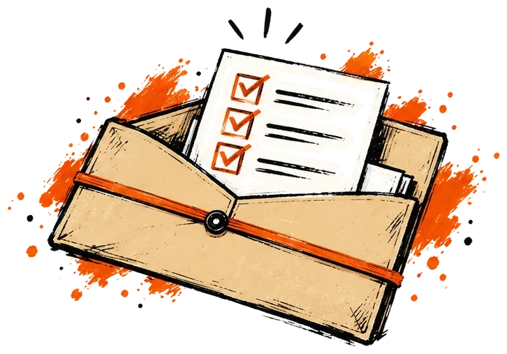 An elastic document wallet with a ticked checklist slip sticking out
