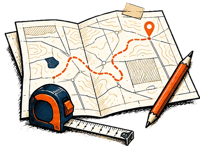 A folded route map with an orange route line, a pencil and a tape measure