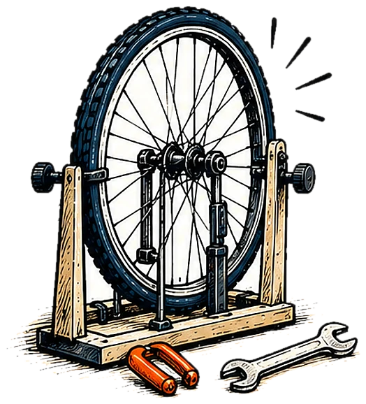 A bicycle wheel clamped in a truing stand with a spoke key