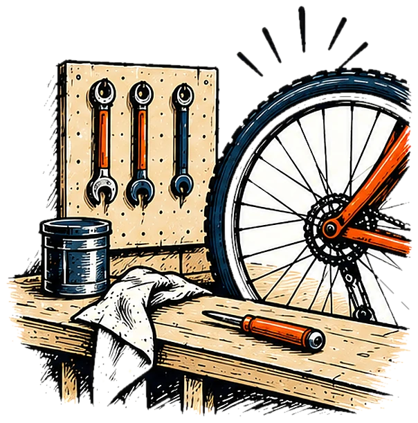 A pegboard of spanners above a workbench with an oil tin and a bicycle wheel