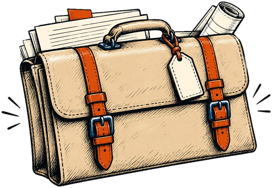 A strapped document case with papers, a rolled plan and a blank luggage tag