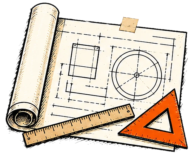 A rolled blueprint beside a set square and a ruler