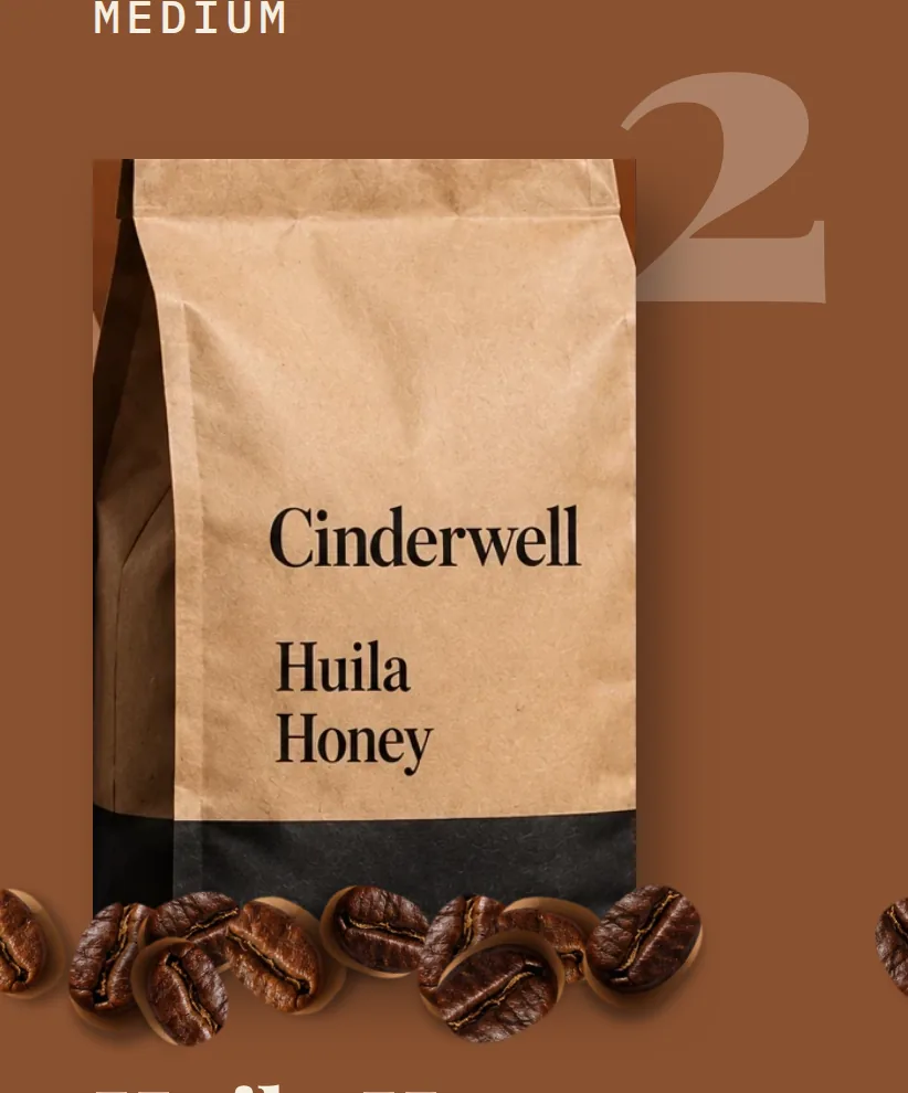 Medium roast card: a kraft coffee bag lettered Cinderwell, Huila Honey, with tasting notes and an Add to cart button.