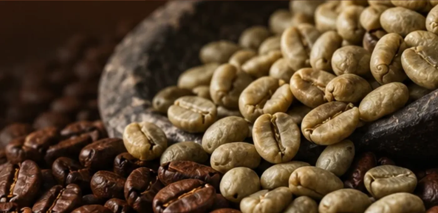 Raw green coffee beans spilling from a wooden scoop over roasted beans.