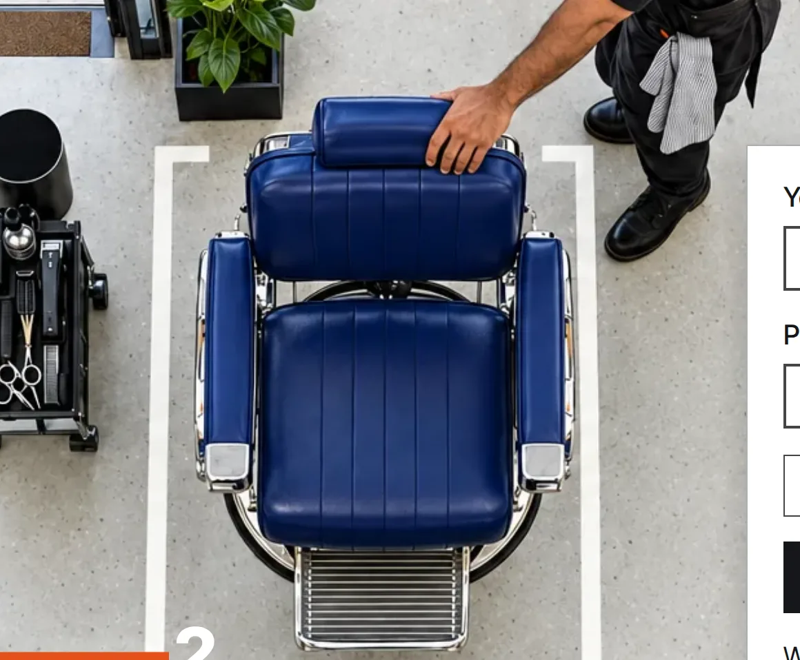 Step into your bay: an overhead view of a blue barber chair in its marked bay with a barber beside it, and a booking form.