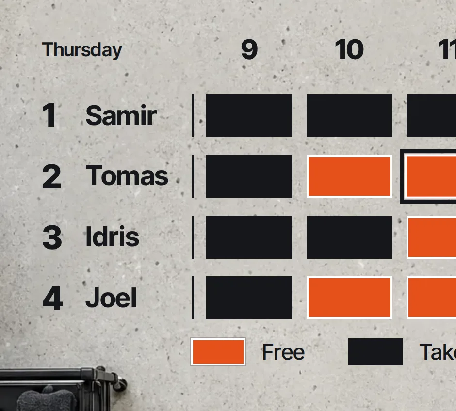 Every chair, every free time: a grid of free and taken slots for four barbers across the day.