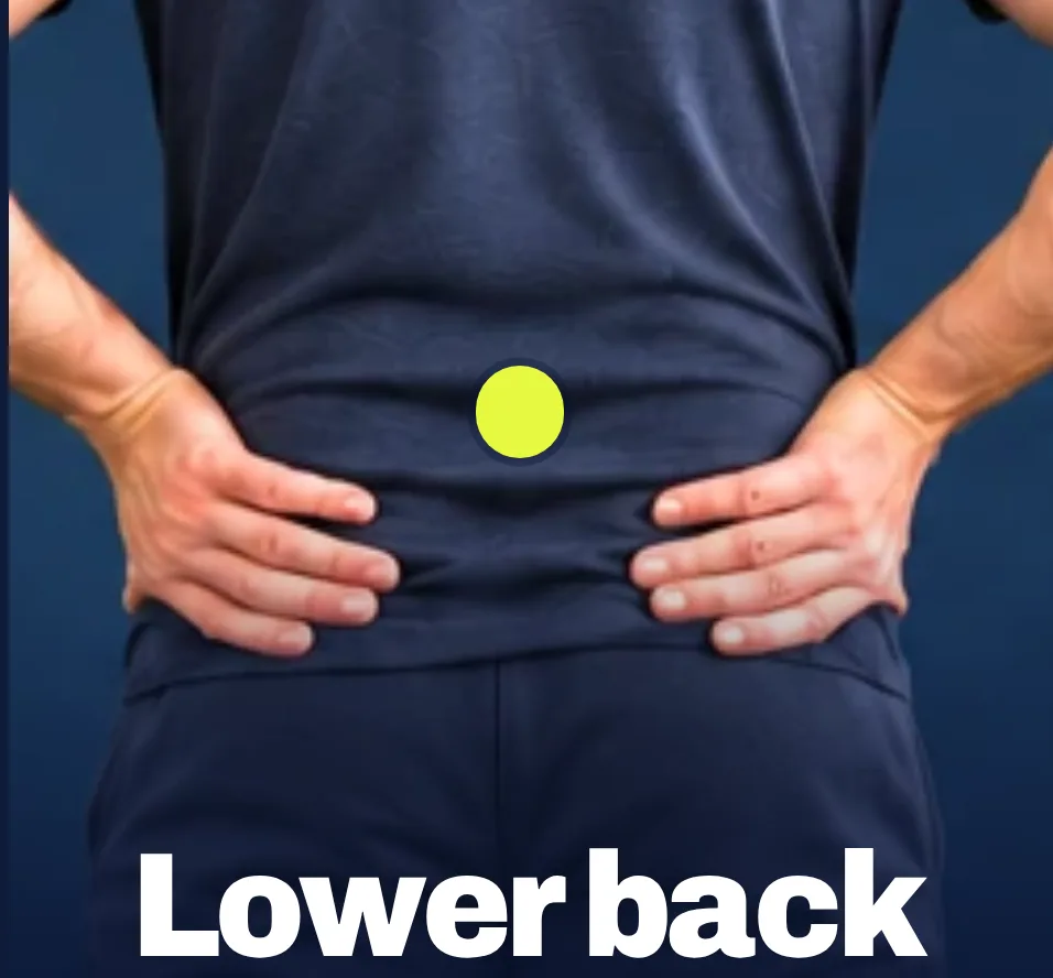 A man's hands on his lower back, seen from behind in navy clothes, with the words Lower back.