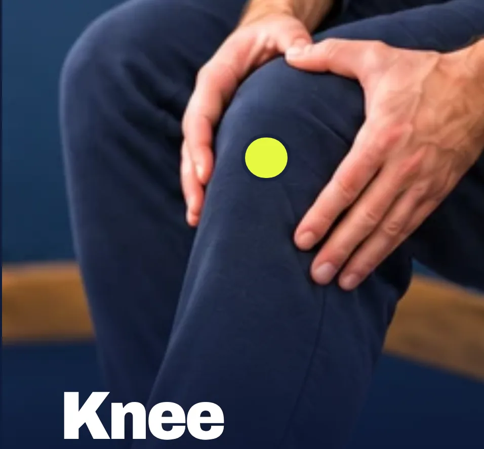 A man's hands around his knee, in full navy trousers, with the word Knee.
