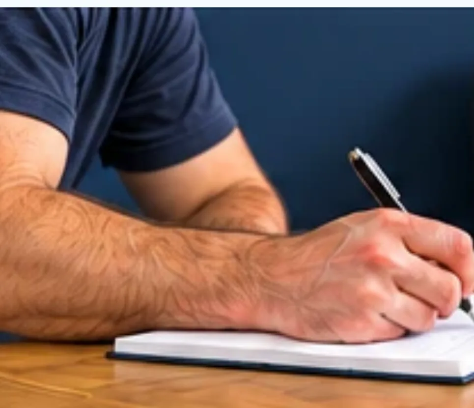 A man's hand writing in a notebook on a wooden table.