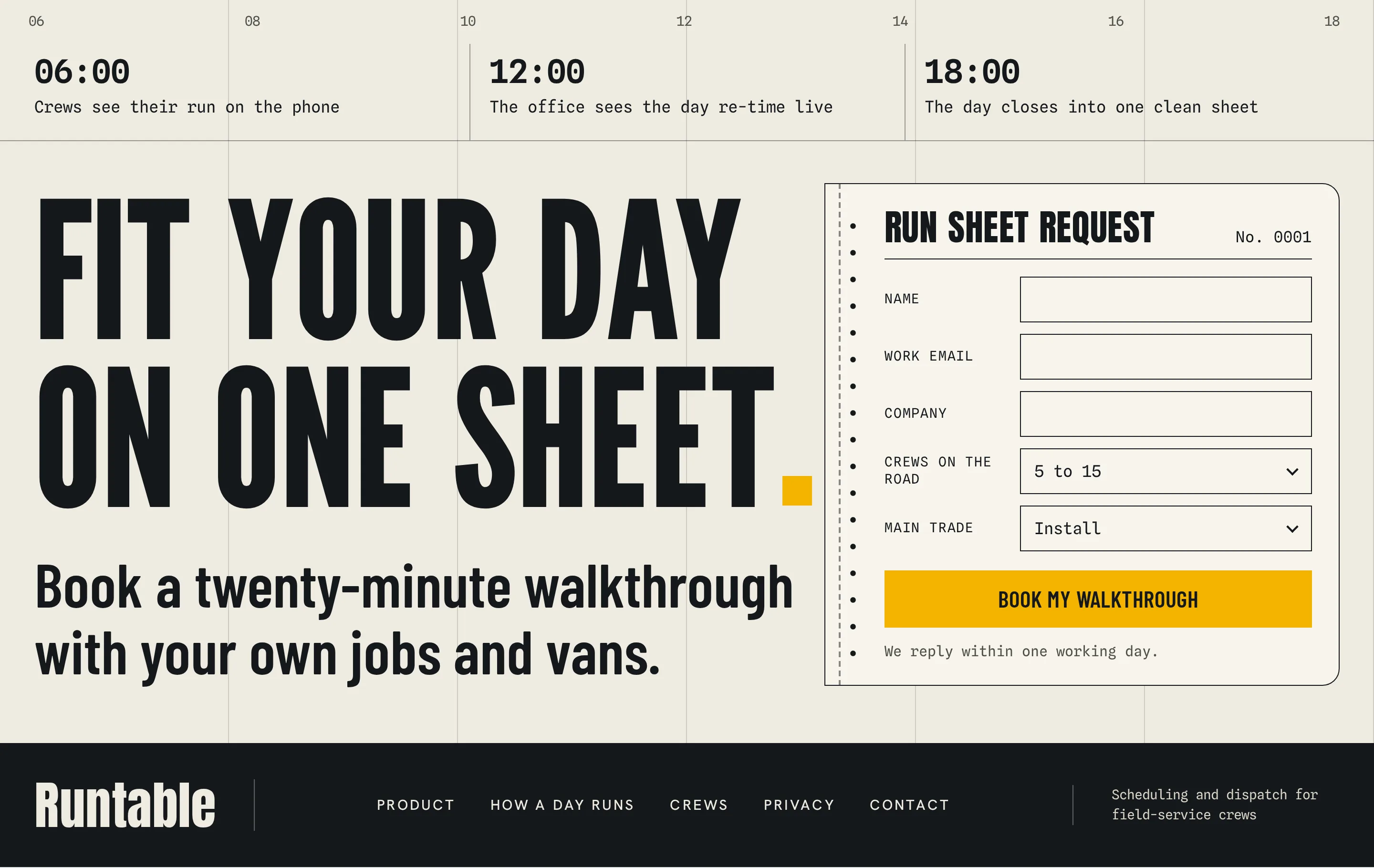 The closing panel: Fit your day on one sheet, the line Book a twenty-minute walkthrough with your own jobs and vans, and a run sheet request form with a yellow button.