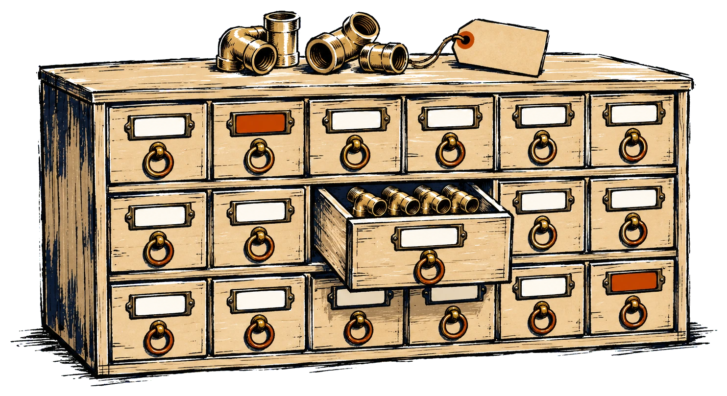 A wooden cabinet of small parts drawers with brass ring pulls, one drawer open to show identical fittings.