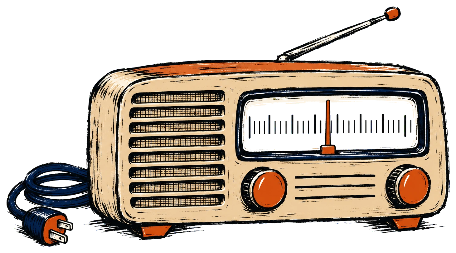 A vintage tabletop radio with a tuning dial and an orange needle.