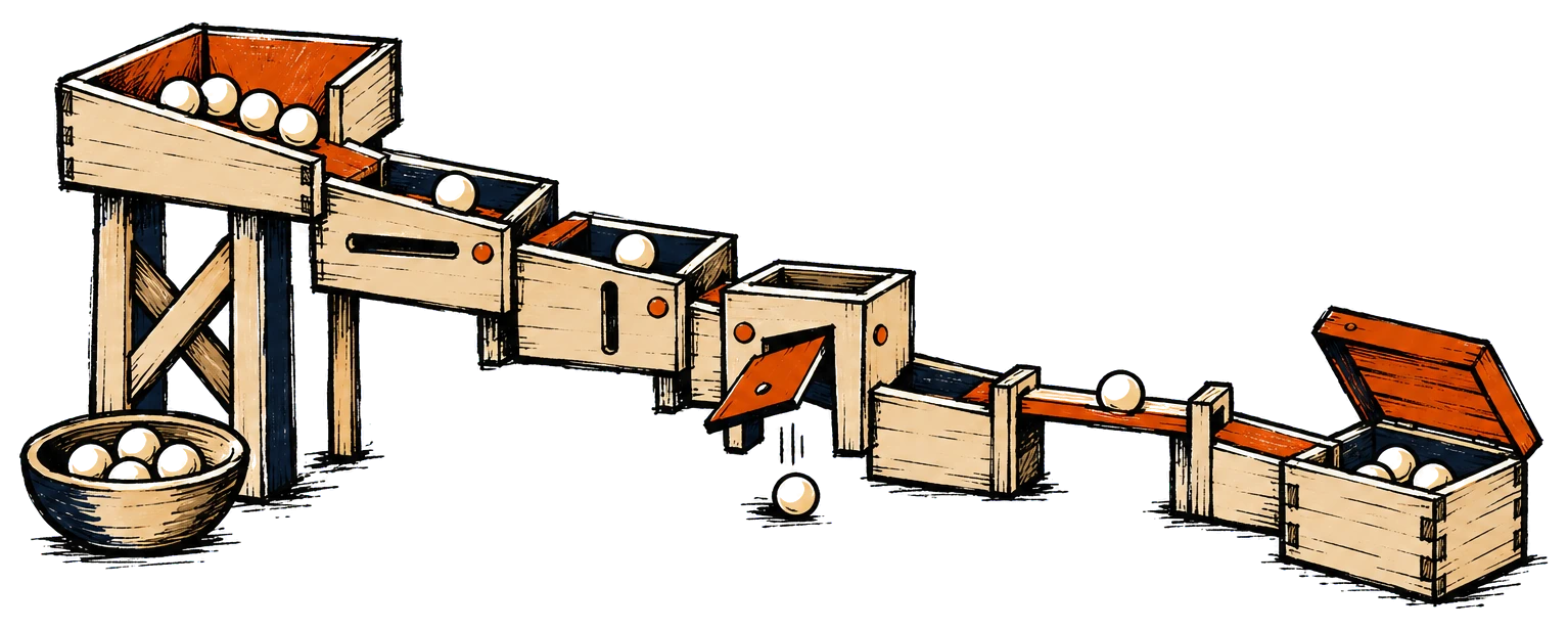 A wooden marble run with five stages, one with an open orange trapdoor.