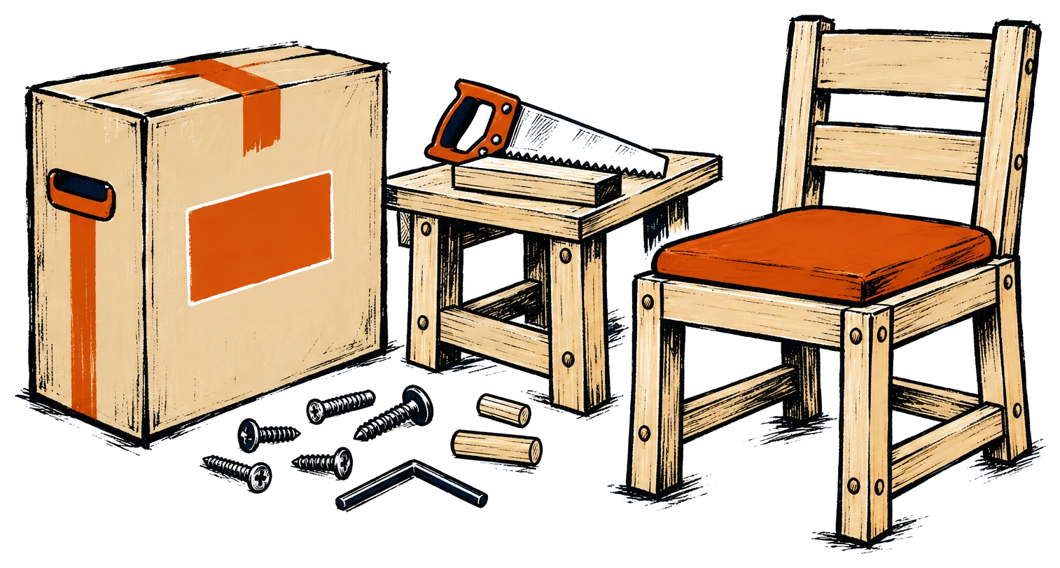 A flat-pack furniture box with loose screws beside a hand-built wooden chair.