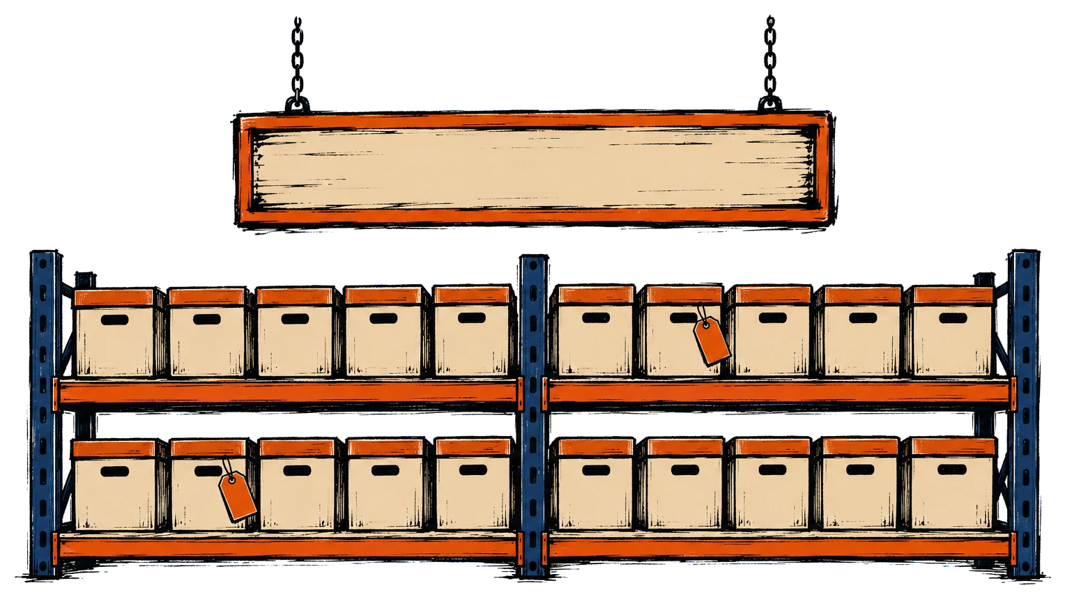 An aisle sign hanging on chains above a shelf of identical boxes.