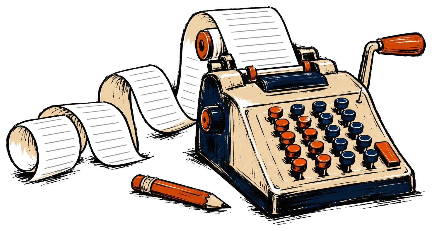 An adding machine with a long paper roll.