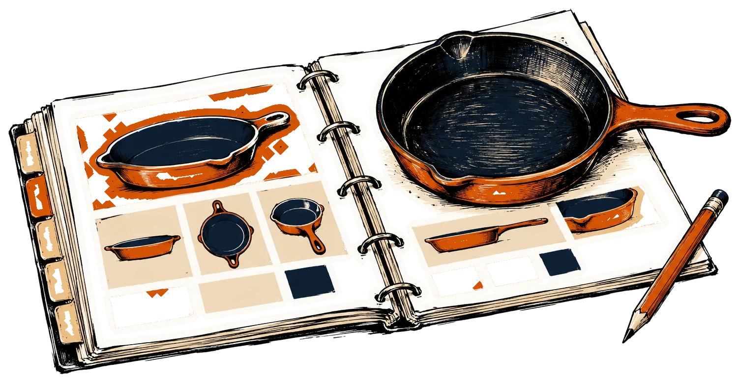 A cast-iron skillet resting on an open ring-bound product catalogue with index tabs, and a pencil beside it.