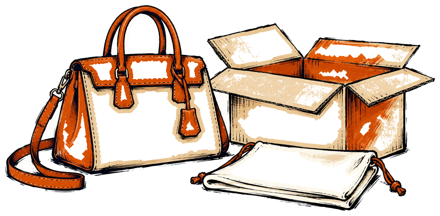 A leather handbag beside an open shipping carton, with a folded cotton dust bag in front.