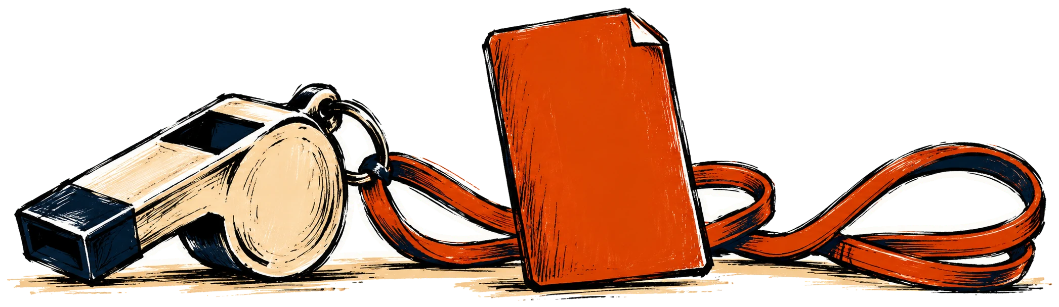 A metal referee whistle on a long lanyard beside an orange red card.