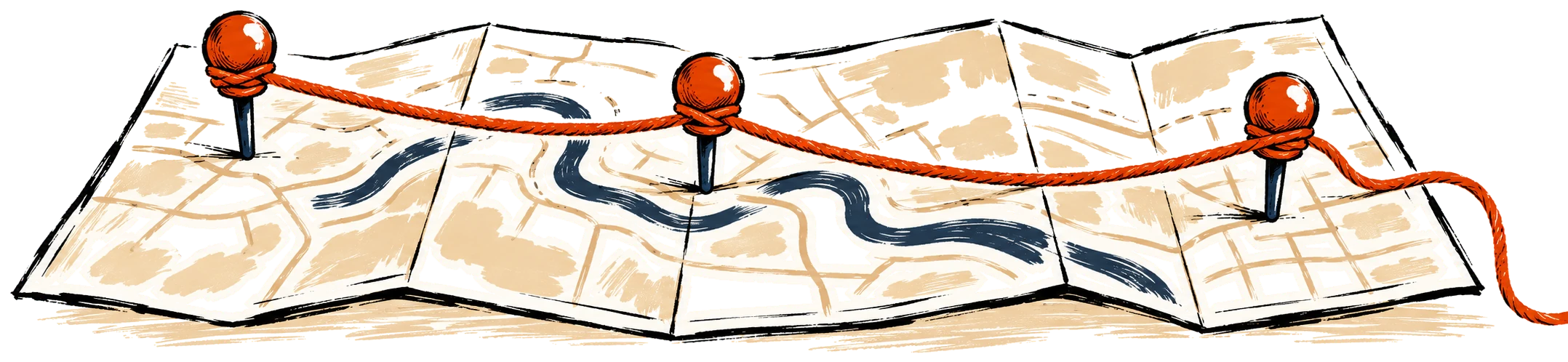 Three map pins on a paper map joined by one taut orange thread.