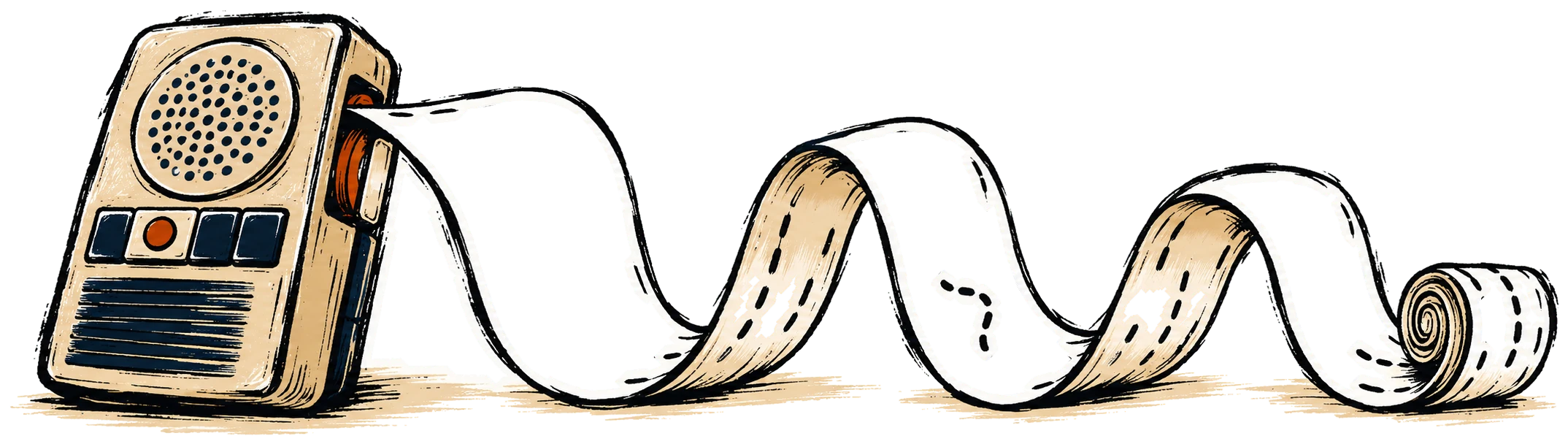 A dictaphone with a long ribbon of paper tape unrolling from it.