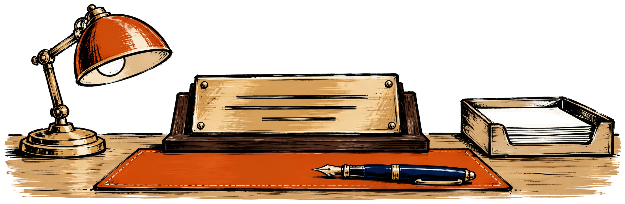An engraved brass nameplate on a wooden desk beside a pen.