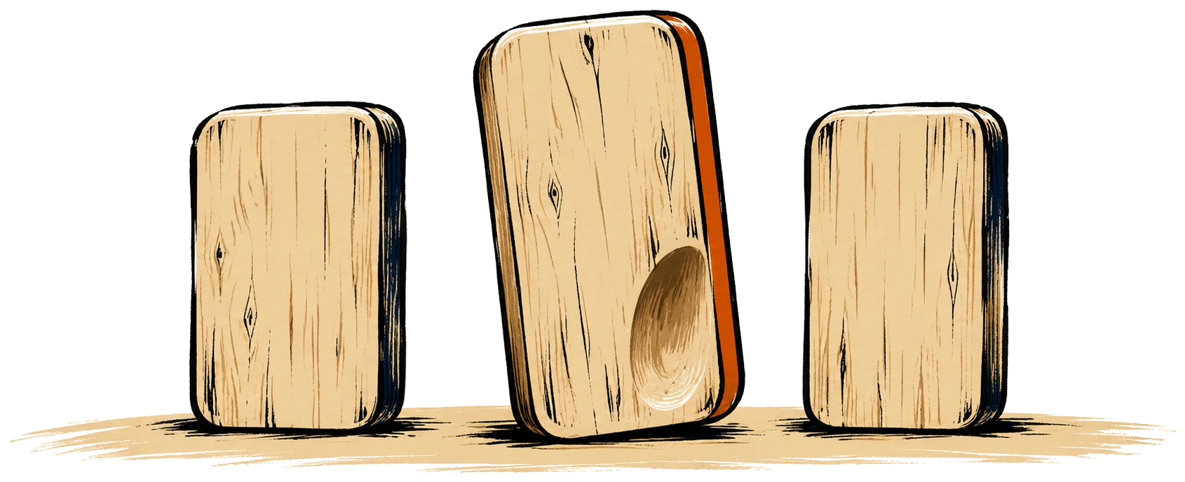 Phone-sized wooden blocks, one with a thumb-shaped dent worn into it.