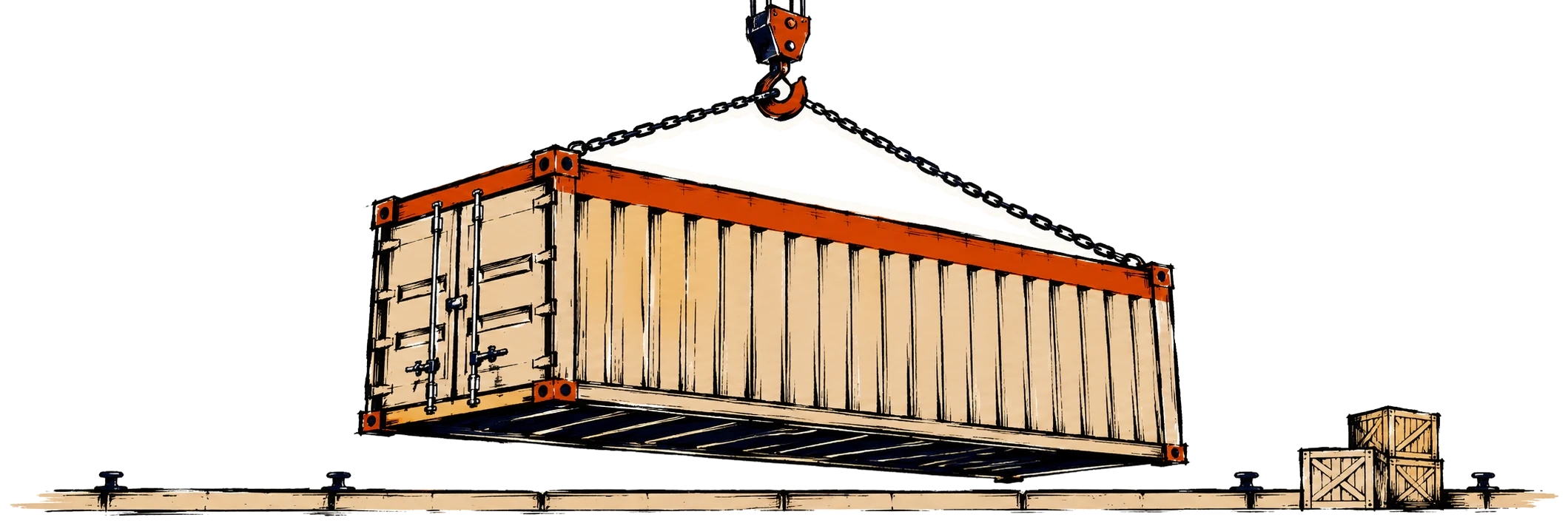 A shipping container lifted by a crane hook.