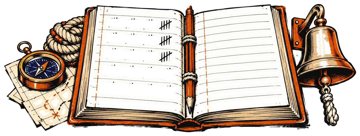 An open ship's logbook with rows of tally strokes, a pencil tied to its spine and a small brass bell.
