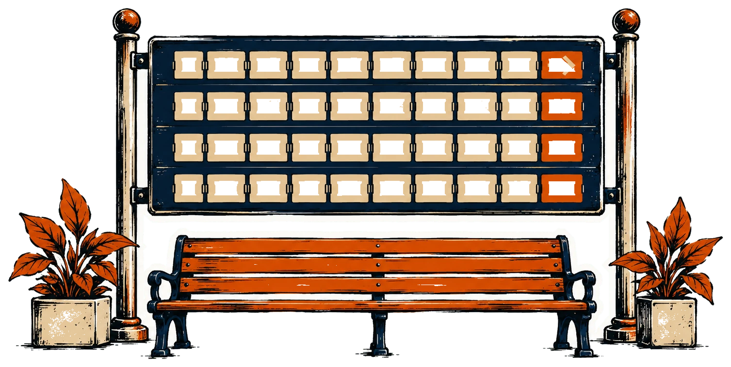 A station departures board with four rows of blank tiles on two posts, and a bench in front.