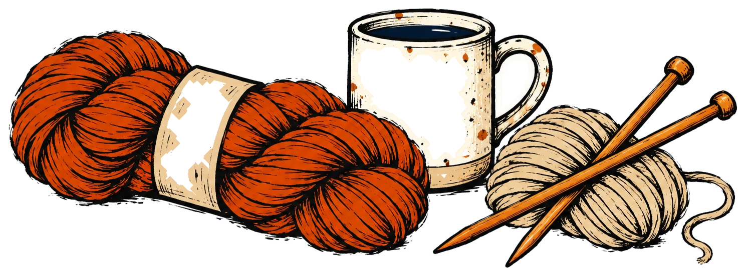 A hank of hand-dyed orange yarn beside a speckled mug and a small skein with knitting needles.