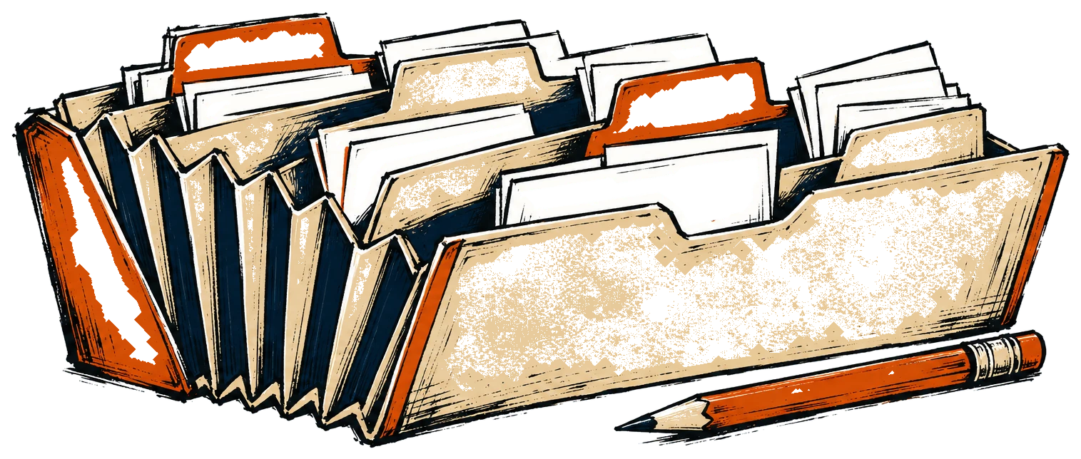An accordion envelope organiser with four labelled pockets and a pencil across it.
