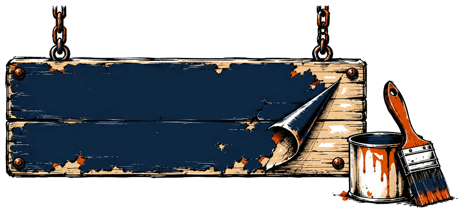 A hanging wooden signboard with peeling paint, and a paintbrush leaning on a pot of paint.