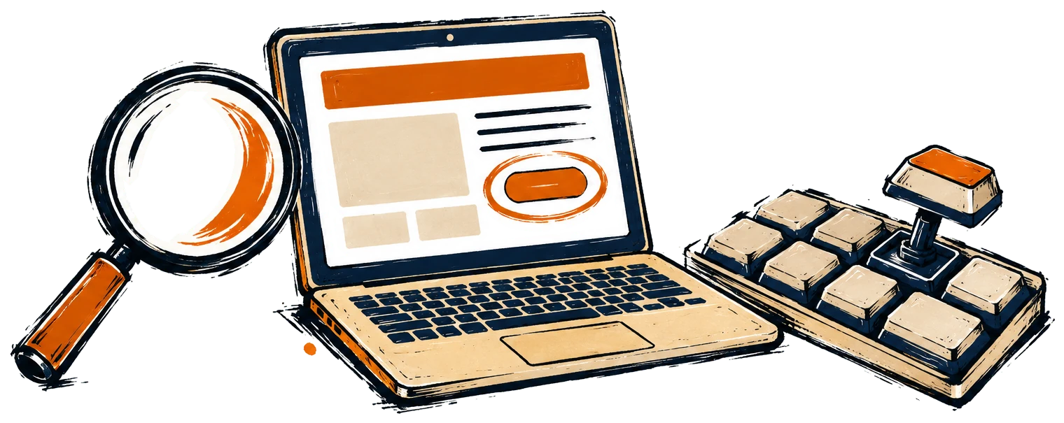 Laptop page with focus ring, magnifying glass and keyboard