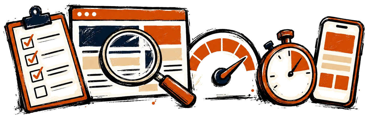 Clipboard, magnifier, gauge and stopwatch around a browser page