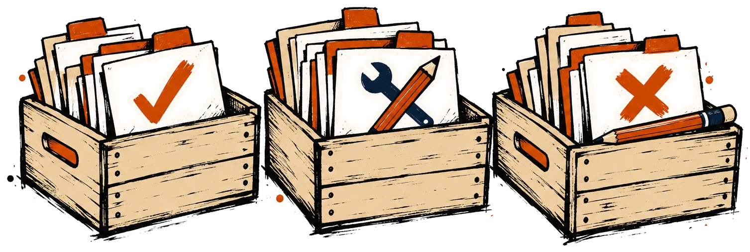Three crates of page cards for keep, fix and remove