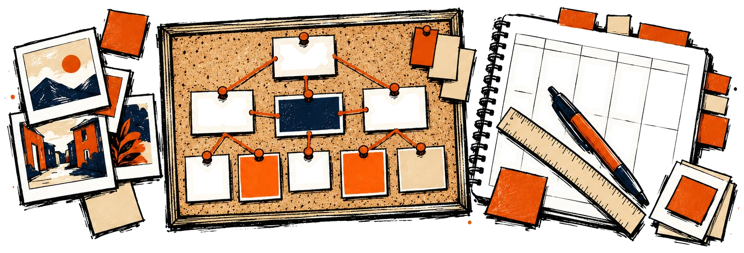 Corkboard of pinned page cards linked by string