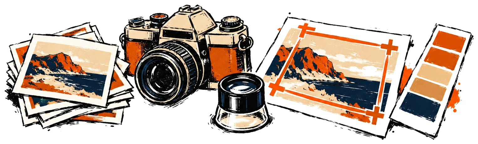 Photo prints, camera, loupe and crop frame