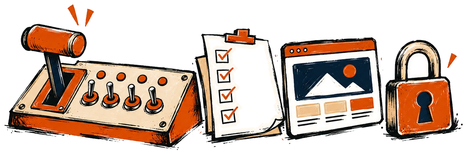 Launch lever panel with checklist, browser and padlock