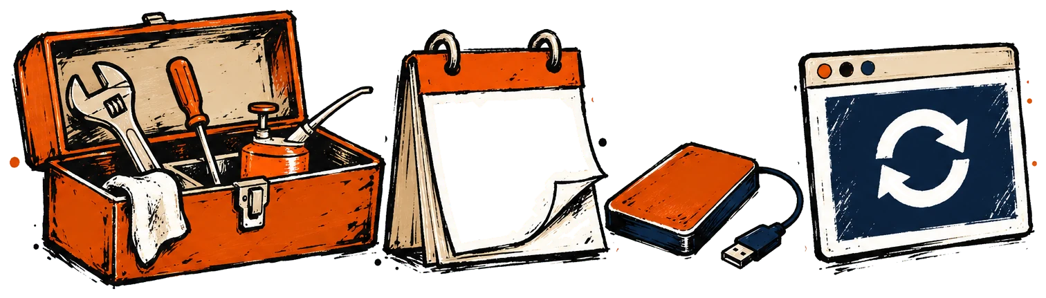 Toolbox, calendar, backup drive and browser window
