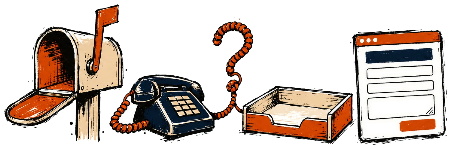 Empty letterbox, quiet telephone and inbox tray beside a contact form
