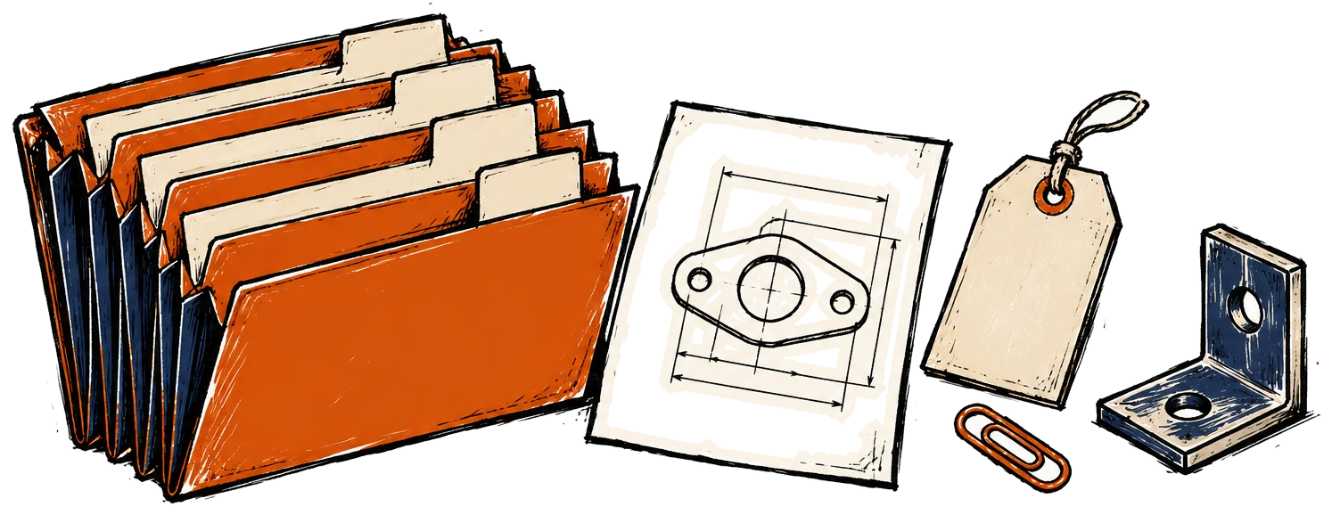 Accordion file with tabbed pockets, datasheets and a part