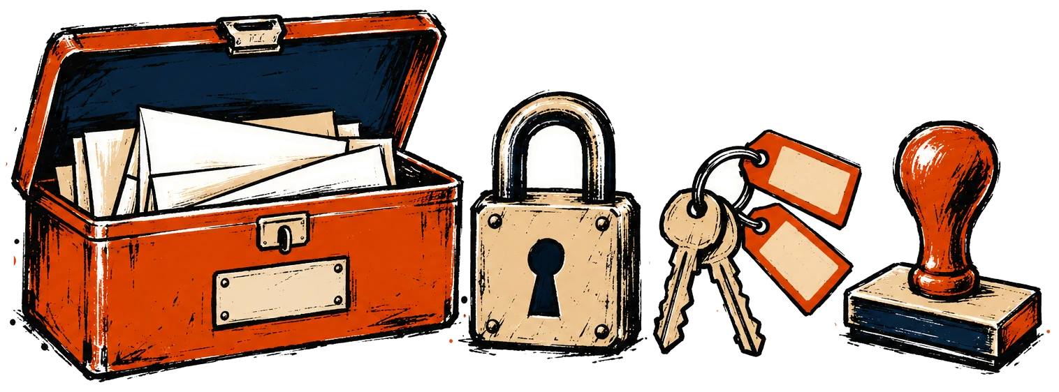 Deed box with padlock, keys and documents