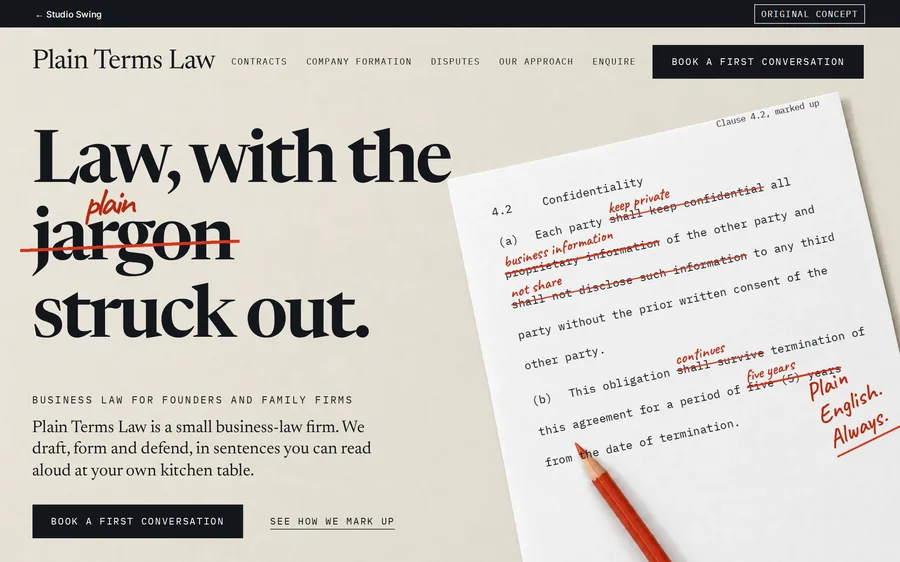 Plain Terms Law concept homepage