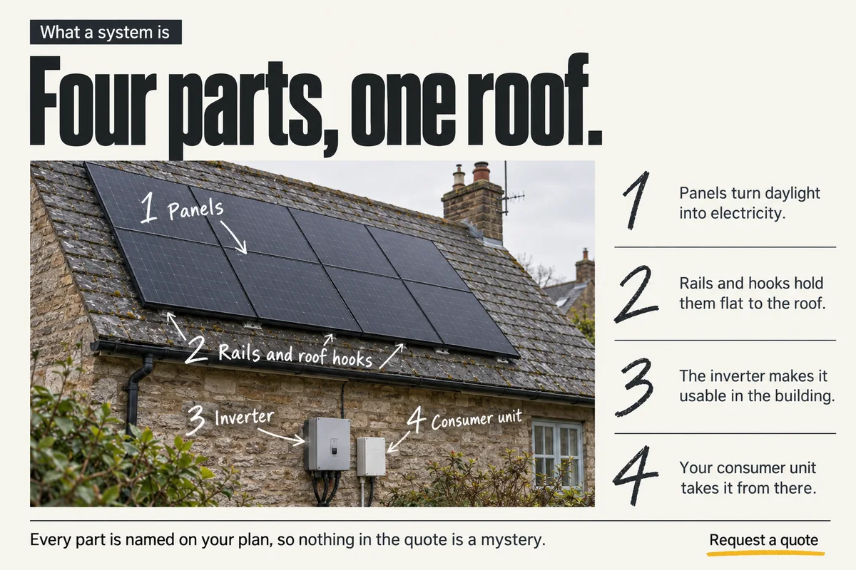 Part 2: Four parts, one roof: a chalk-labelled photograph of a stone cottage roof with flush panels, marked 1 Panels, 2 Rails and roof hooks, 3 Inverter and 4 Consumer unit, with a one-line meaning beside each.