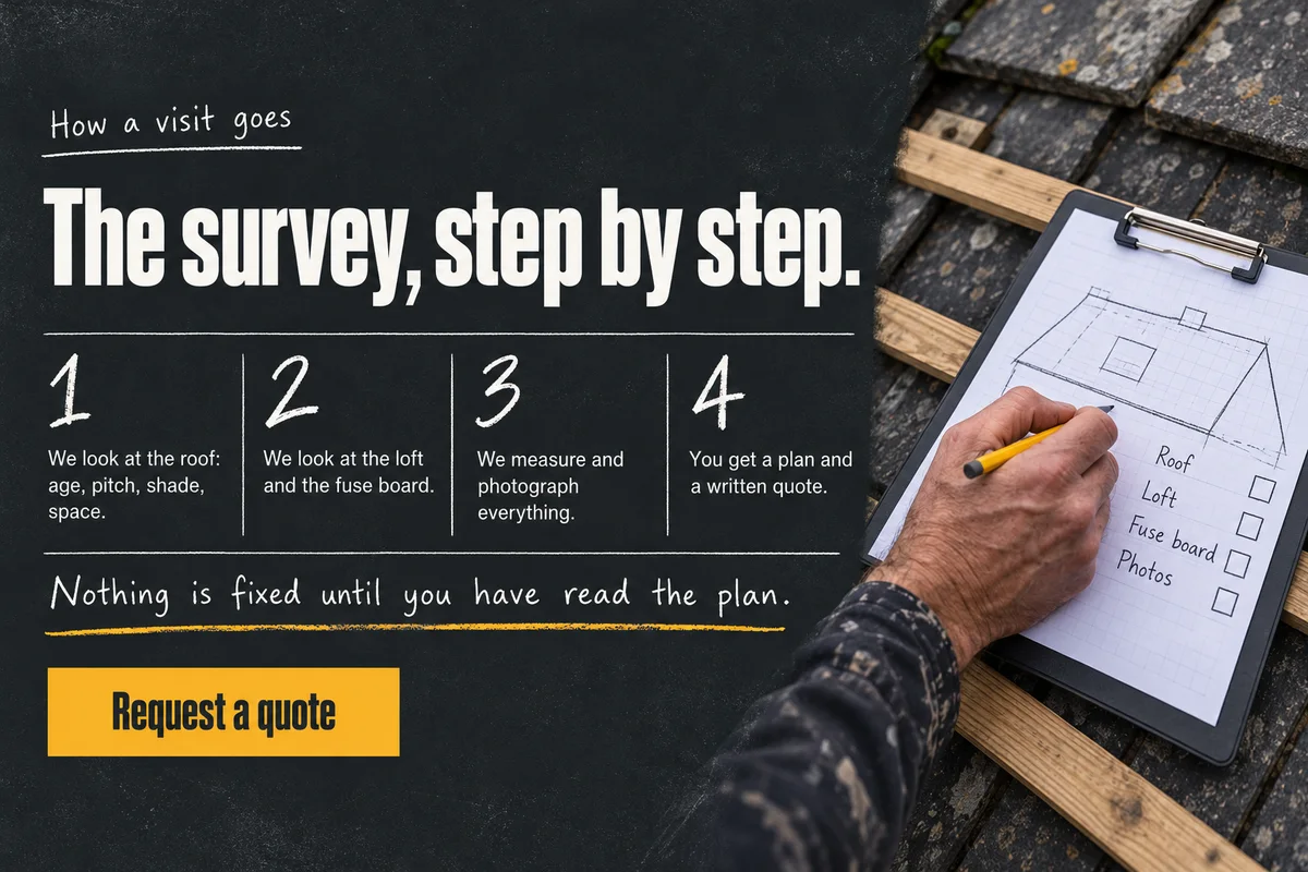 Part 3: The survey, step by step, on a slate chalkboard panel: four steps, a hand with a clipboard on a roof batten, and the line Nothing is fixed until you have read the plan.