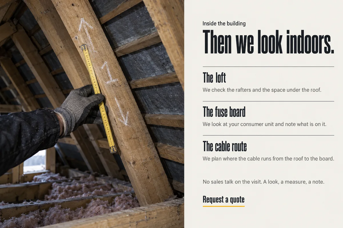 Part 4: Then we look indoors: a loft rafter with a folding rule and a chalk 1, and three notes on the loft, the fuse board and the cable route.